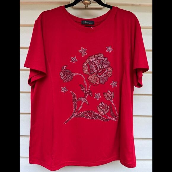 Flora by Fashion red short sleeved blouse with floral stud design, brand new, XL - Picture 2 of 7